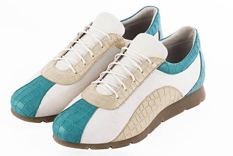 Turquoise blue and pure white women's three-tone elegant sneakers. Round toe. Flat rubber soles. Front view - Florence KOOIJMAN